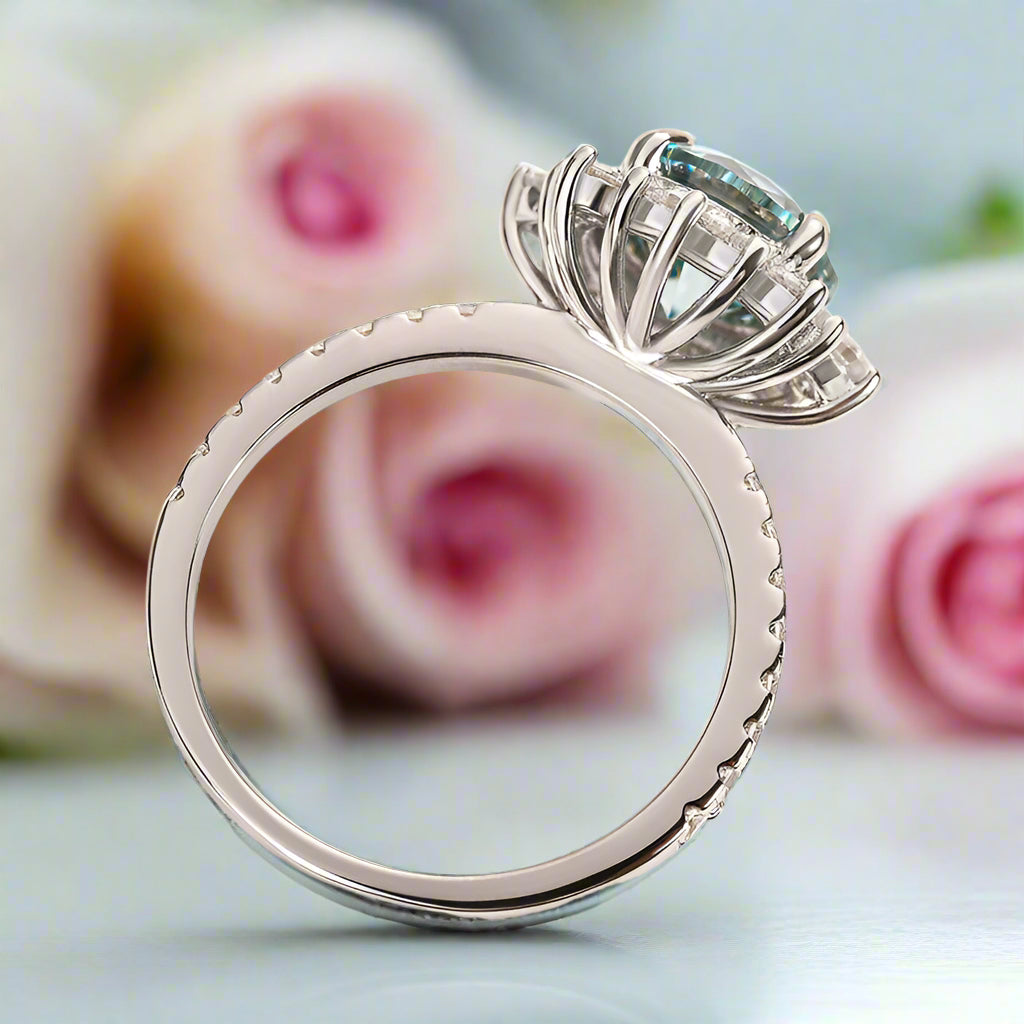 Snowflake Design Halo Round Cut Cyan Blue Diamond Engagement Ring-Black Diamonds New York