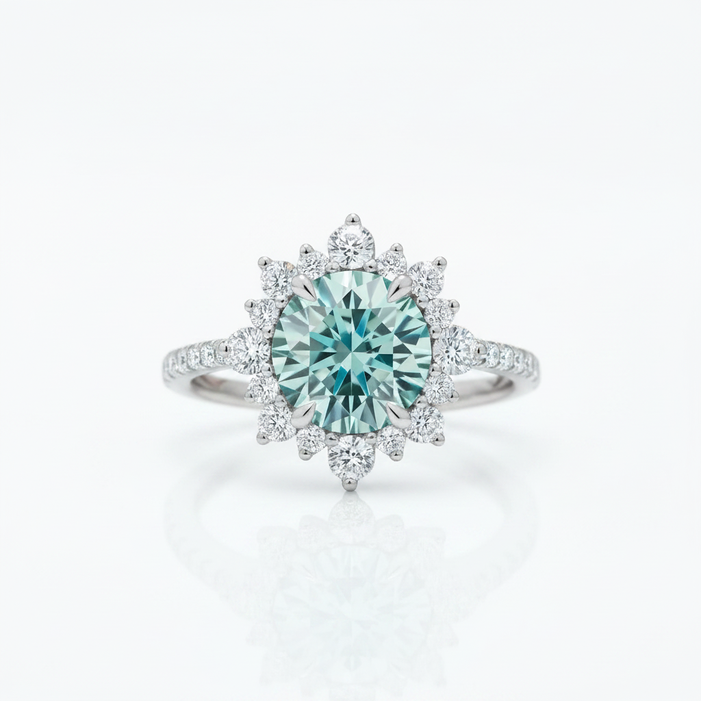 Snowflake Design Halo Round Cut Cyan Blue Diamond Option Engagement Ring-Black Diamonds New York