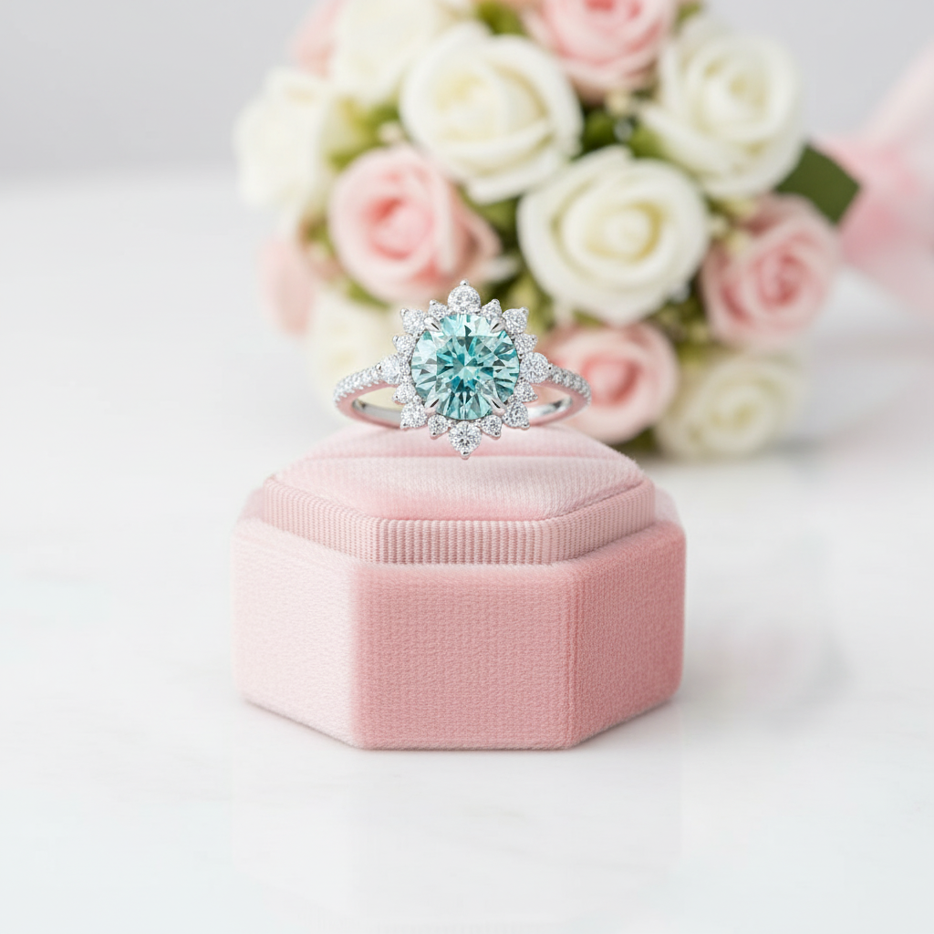 Ring with a blue gemstone on a pink velvet box with flowers in the background
