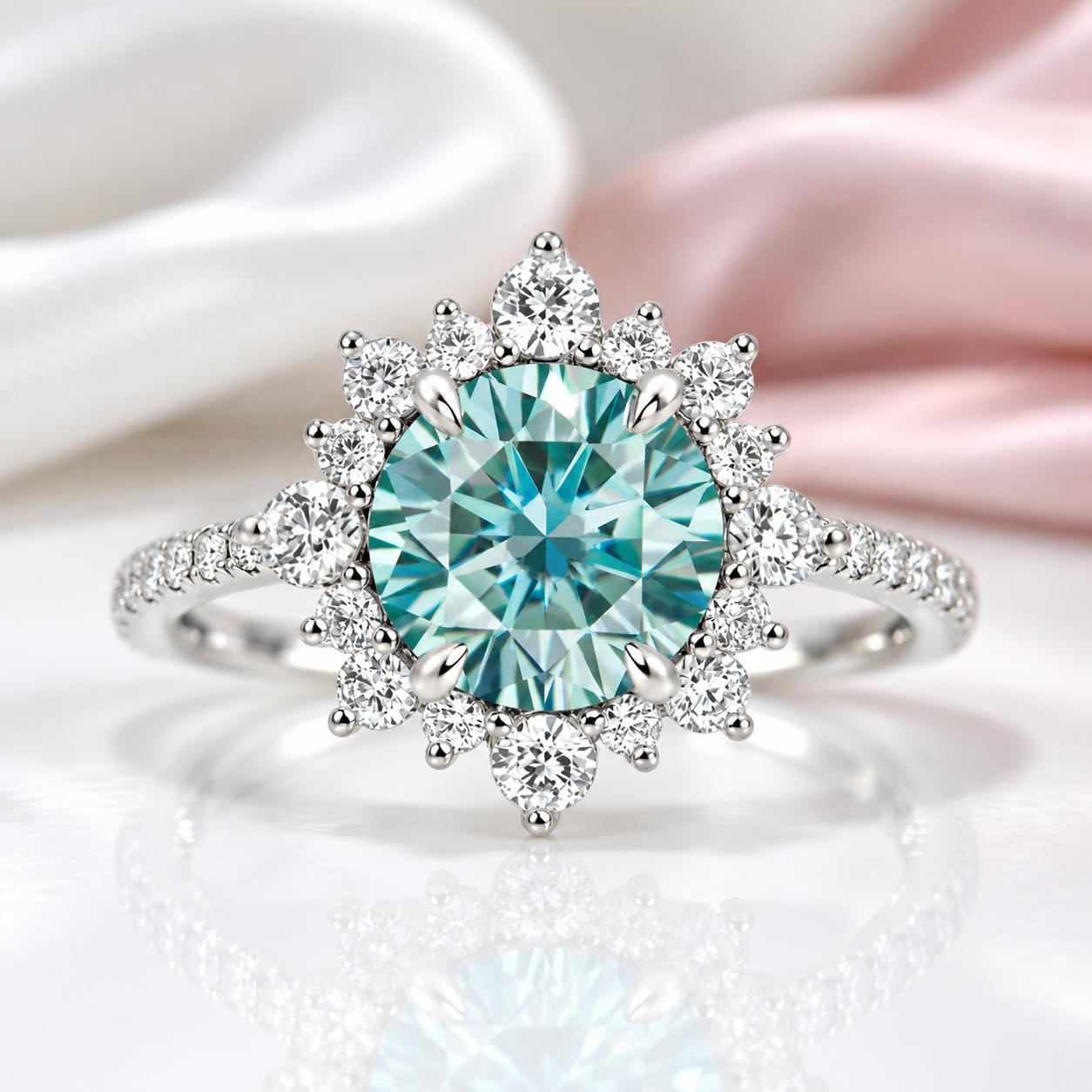 Snowflake Design Halo Round Cut Cyan Blue Diamond Option Engagement Ring-Black Diamonds New York