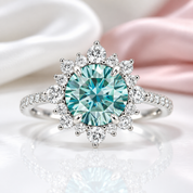 Snowflake Design Halo Round Cut Cyan Blue Diamond Option Engagement Ring-Black Diamonds New York