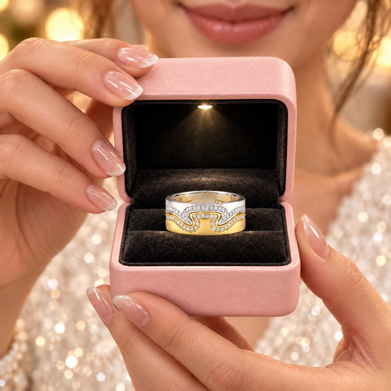 A close-up lifestyle shot of a woman holding an open pink ring box. Inside the box is a two-tone ring with a silver band, a gold wave-like inlay, and a row of clear stones.
