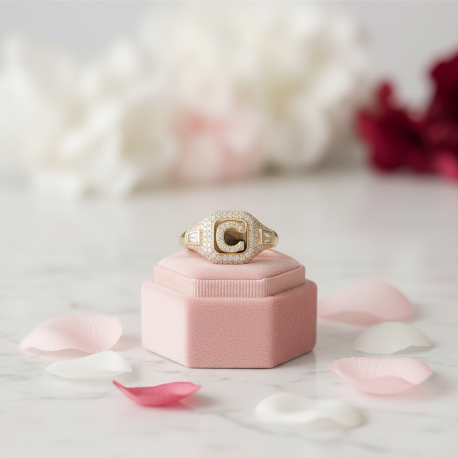 Solid 14k Yellow Gold C Letter Diamond Women's Engagement Ring-Black Diamonds New York