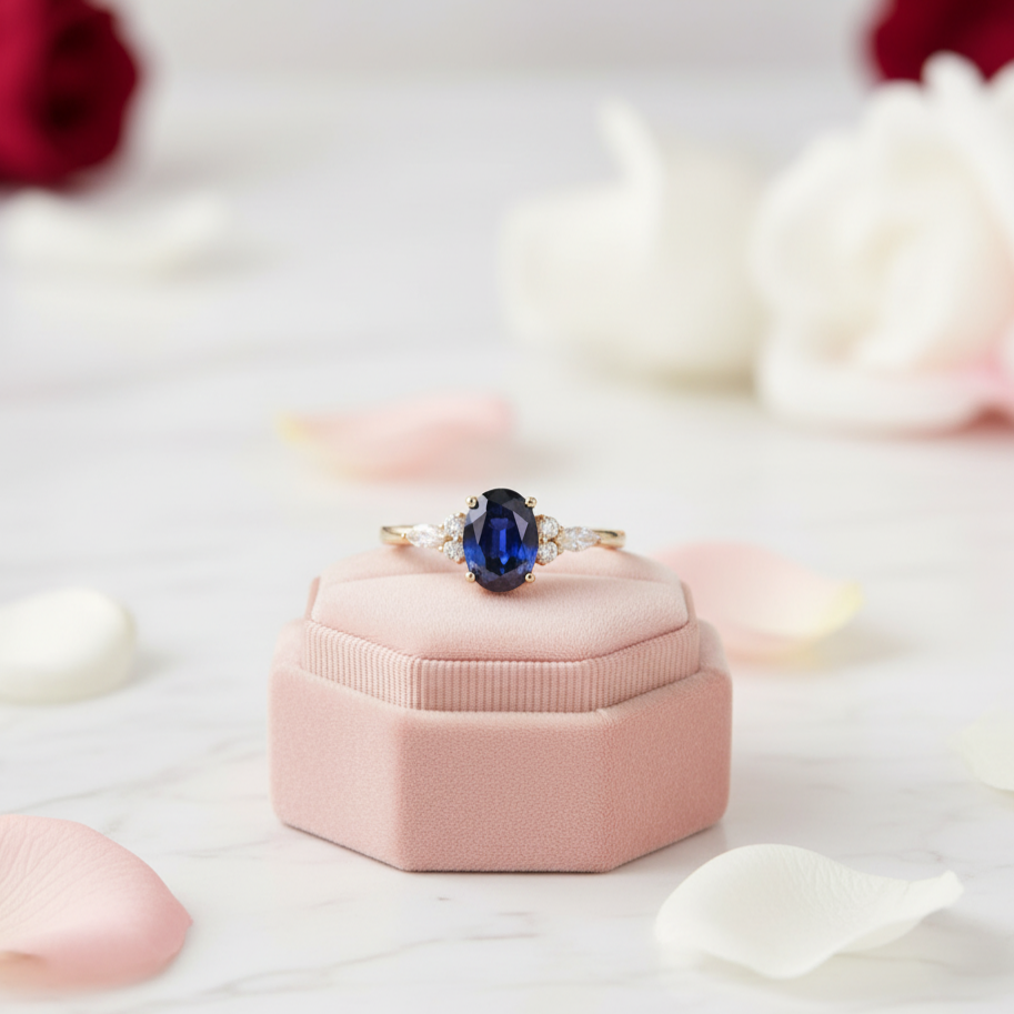 Solid 18k Yellow Gold 2.0 Ctw Oval Sapphire Engagement Ring-Black Diamonds New York