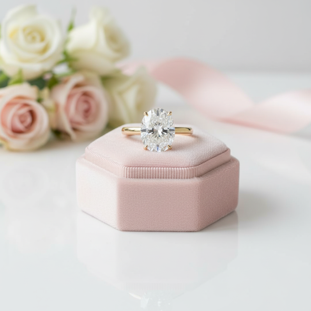 Diamond ring on a pink velvet box with white and pink roses in the background
