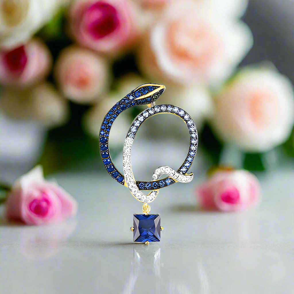 Sparkling Blue Stone Cute Snake Yellow Gold Pendant-Black Diamonds New York