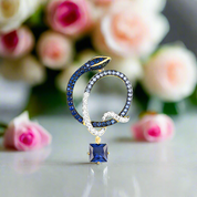 Sparkling Blue Stone Cute Snake Yellow Gold Pendant-Black Diamonds New York