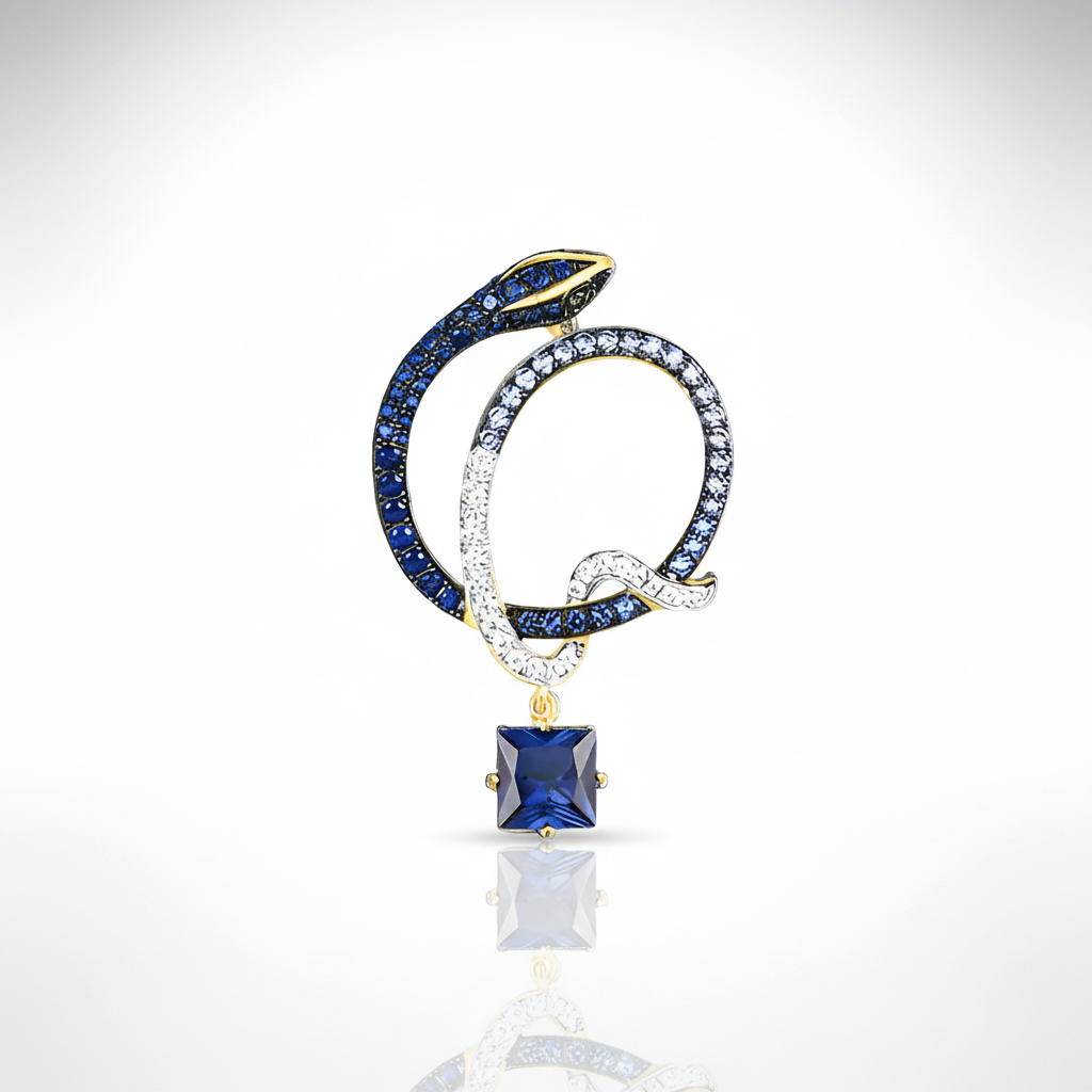 Sparkling Blue Stone Cute Snake Yellow Gold Pendant-Black Diamonds New York