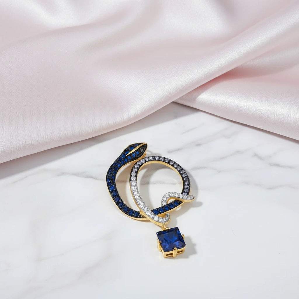 Sparkling Blue Stone Cute Snake Yellow Gold Pendant-Black Diamonds New York
