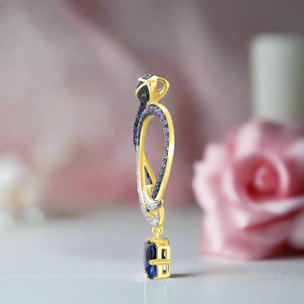 Sparkling Blue Stone Cute Snake Yellow Gold Pendant-Black Diamonds New York