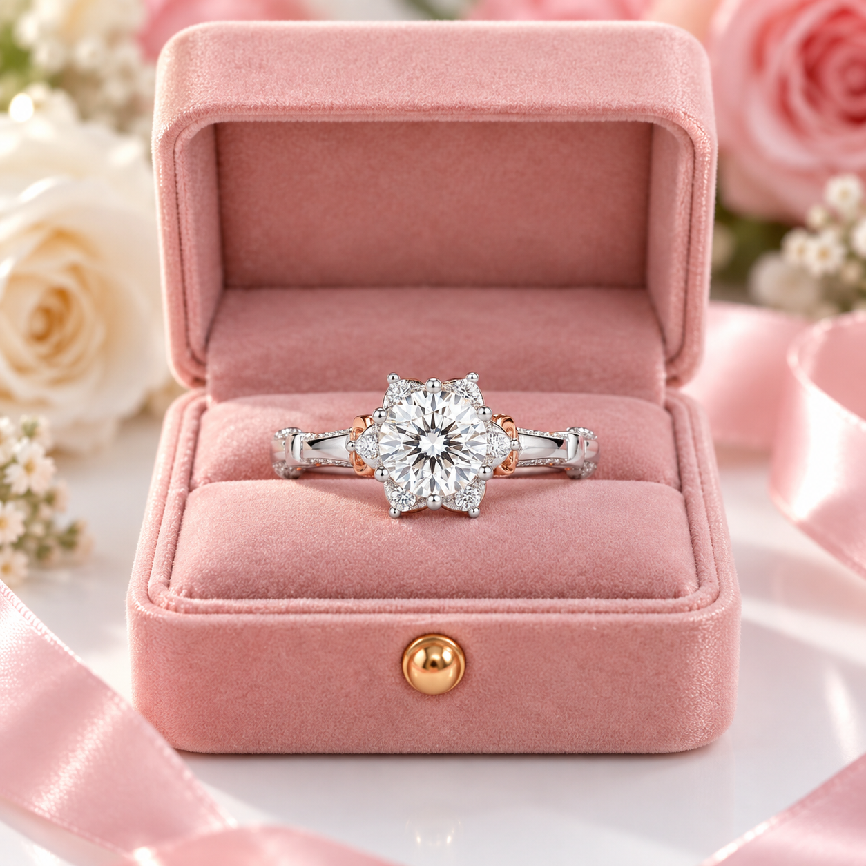 1.0 Ct Round Diamond Option Flower Engagement Ring-Black Diamonds New York