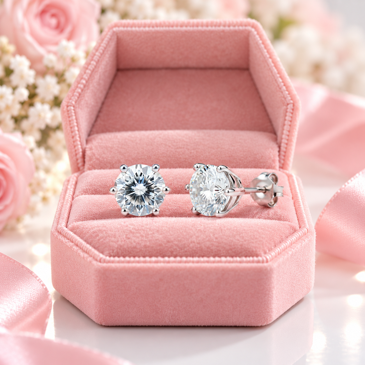A pair of silver stud earrings with large clear gemstones displayed in an open pink velvet ring box, with soft pink roses and white flowers blurred in the background.