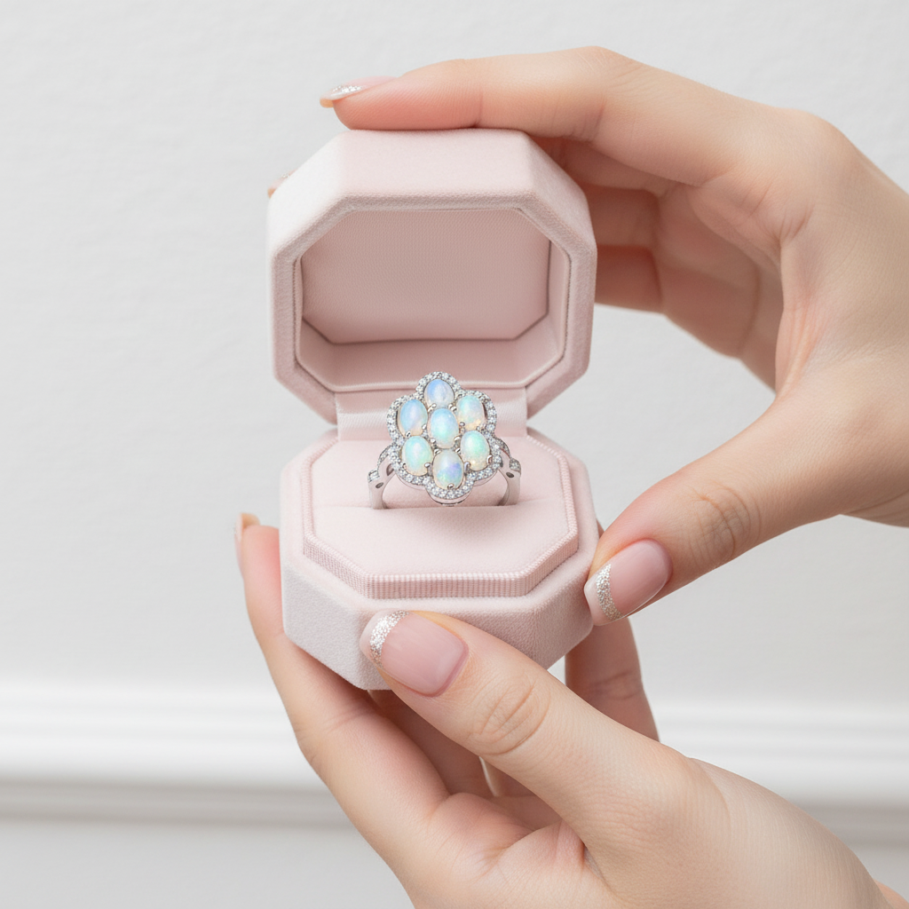 Sparkling Opal Gemstone Halo Ring-Black Diamonds New York
