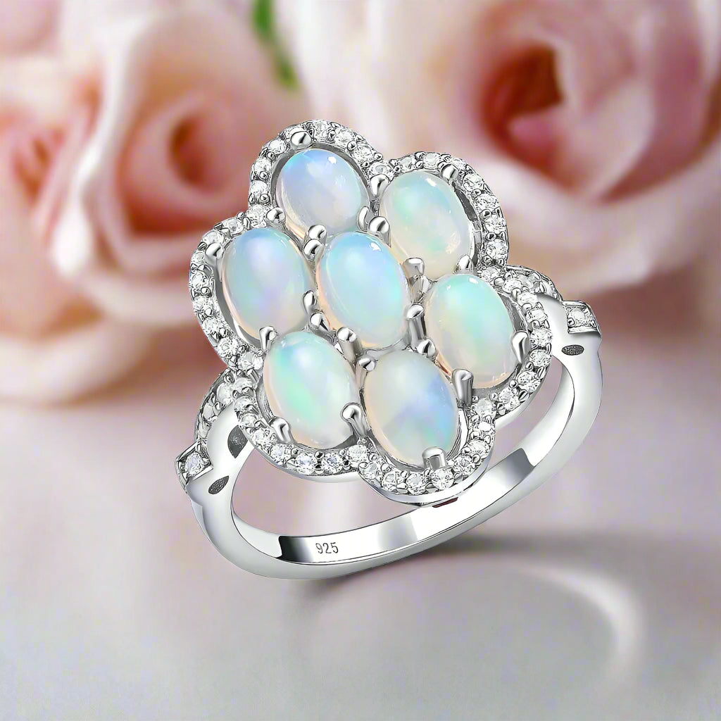 Sparkling Opal Gemstone Halo Ring-Black Diamonds New York