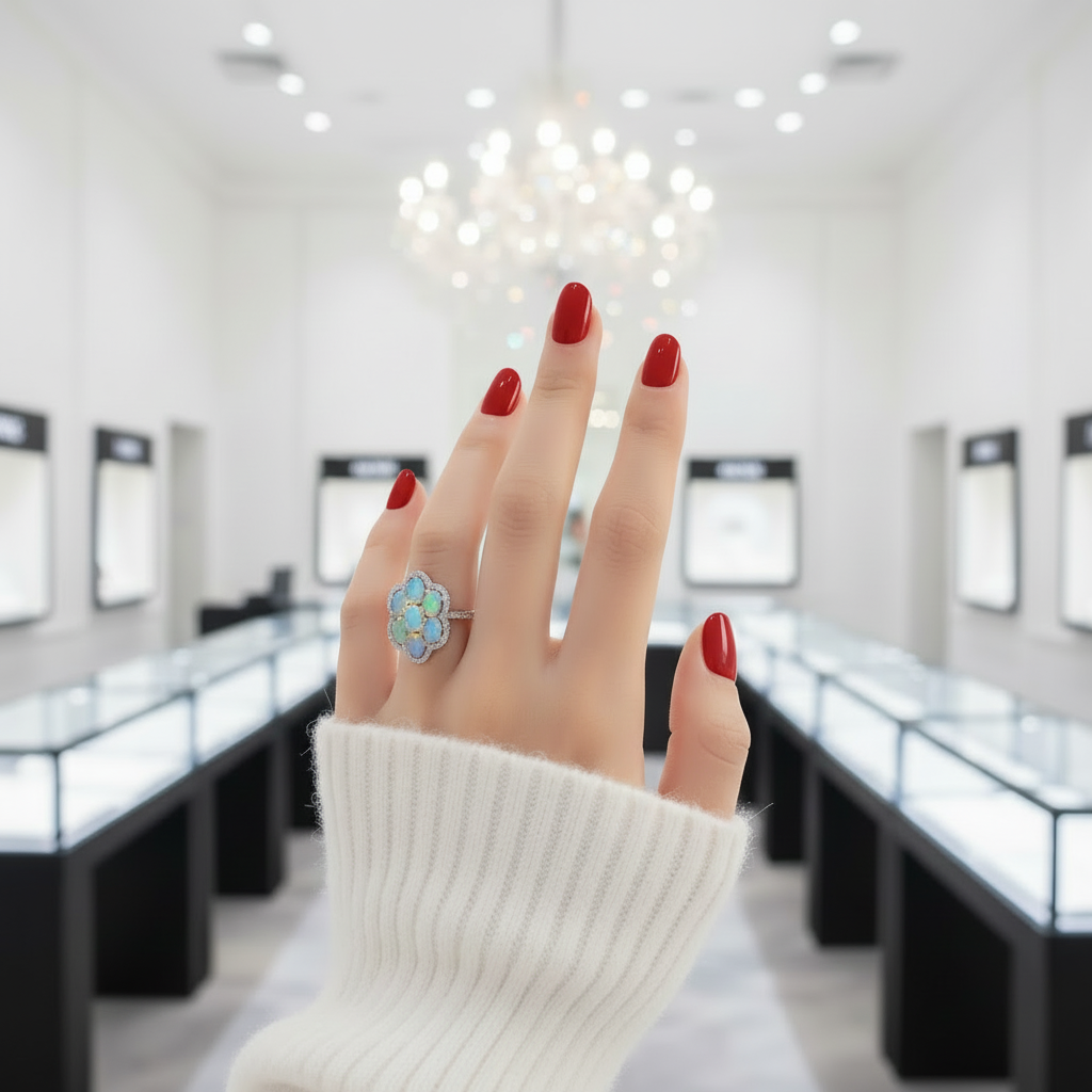 Sparkling Opal Gemstone Halo Ring-Black Diamonds New York