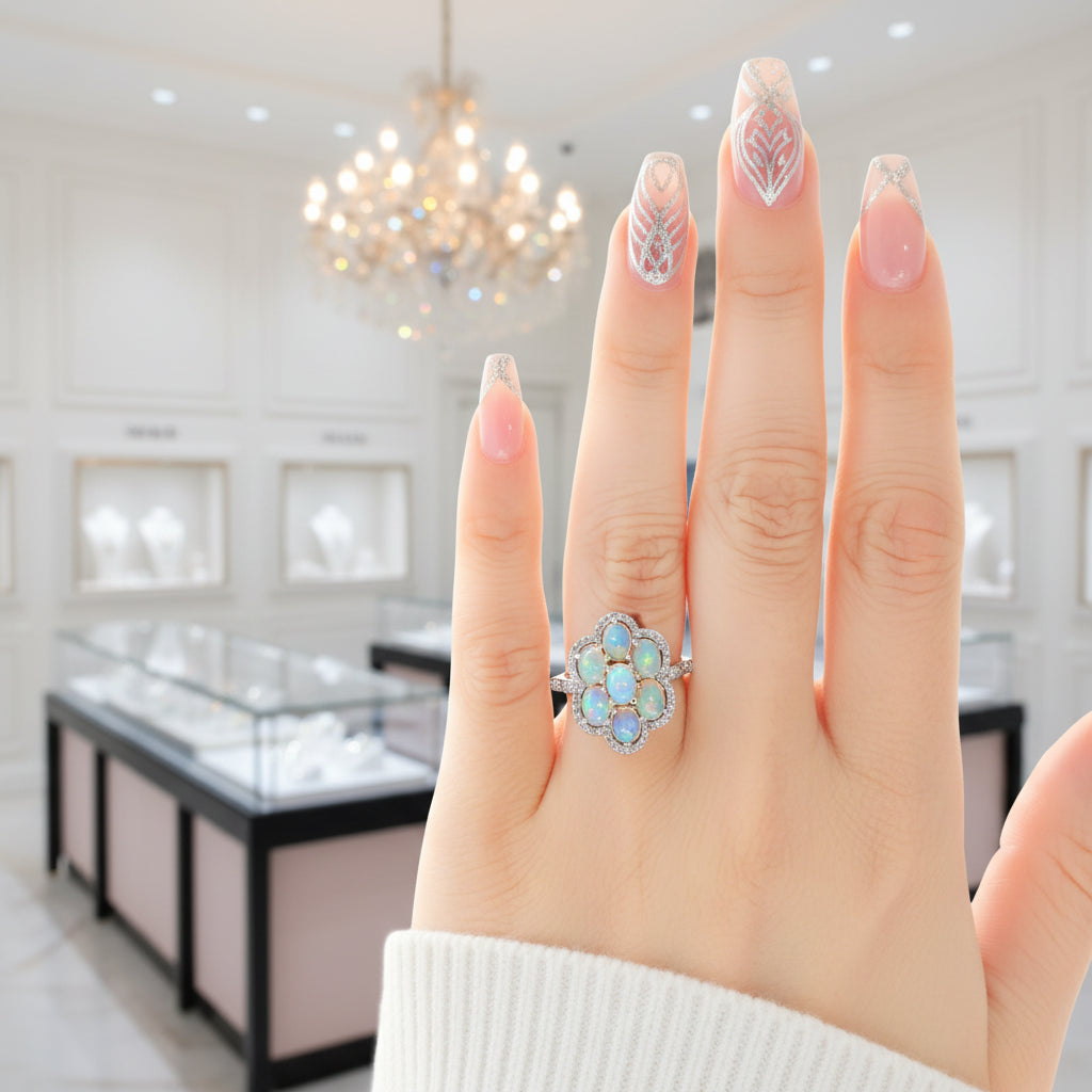 Sparkling Opal Gemstone Halo Ring-Black Diamonds New York