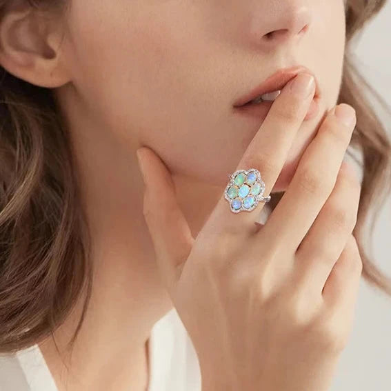 Sparkling Opal Gemstone Halo Ring-Black Diamonds New York