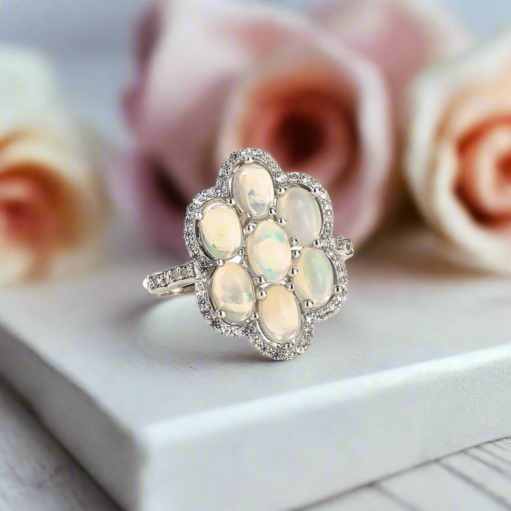 Sparkling Opal Gemstone Halo Ring-Black Diamonds New York