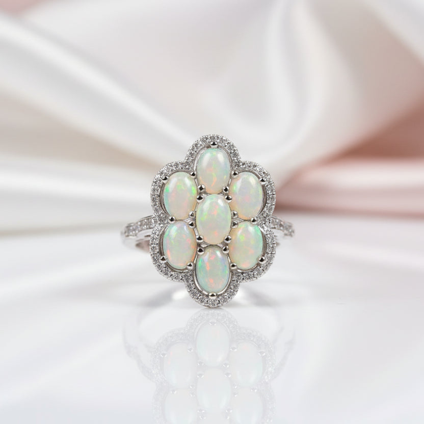 Sparkling Opal Gemstone Halo Ring-Black Diamonds New York