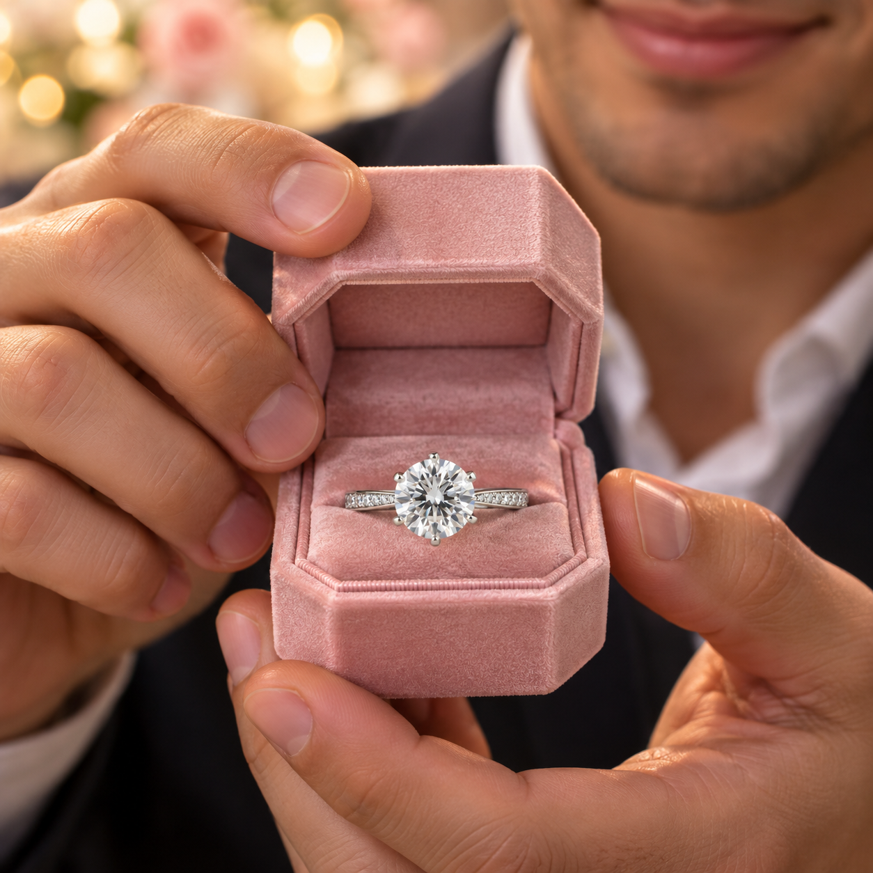 A close-up of a man holding an open pink velvet ring box with a solitaire engagement ring set in a silver band, with a blurred background.