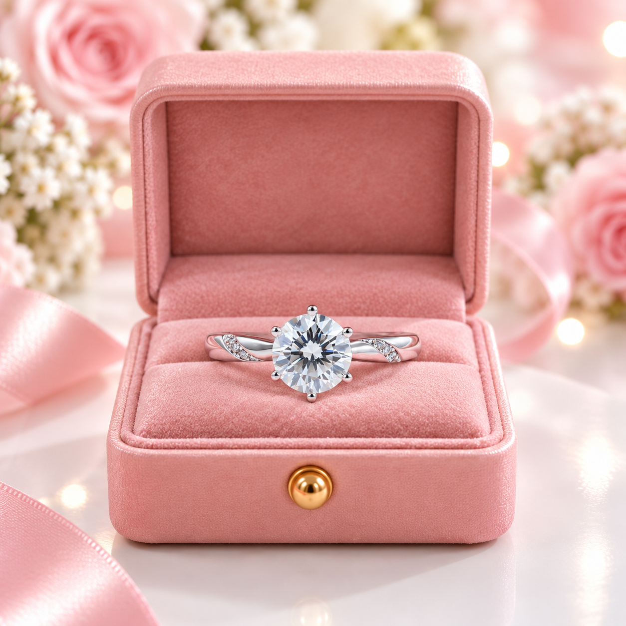 A silver solitaire engagement ring with a round clear gemstone is displayed inside an open pink velvet jewelry box, surrounded by soft pink roses, white baby's breath, and pink ribbon on a white surface with warm bokeh lights.