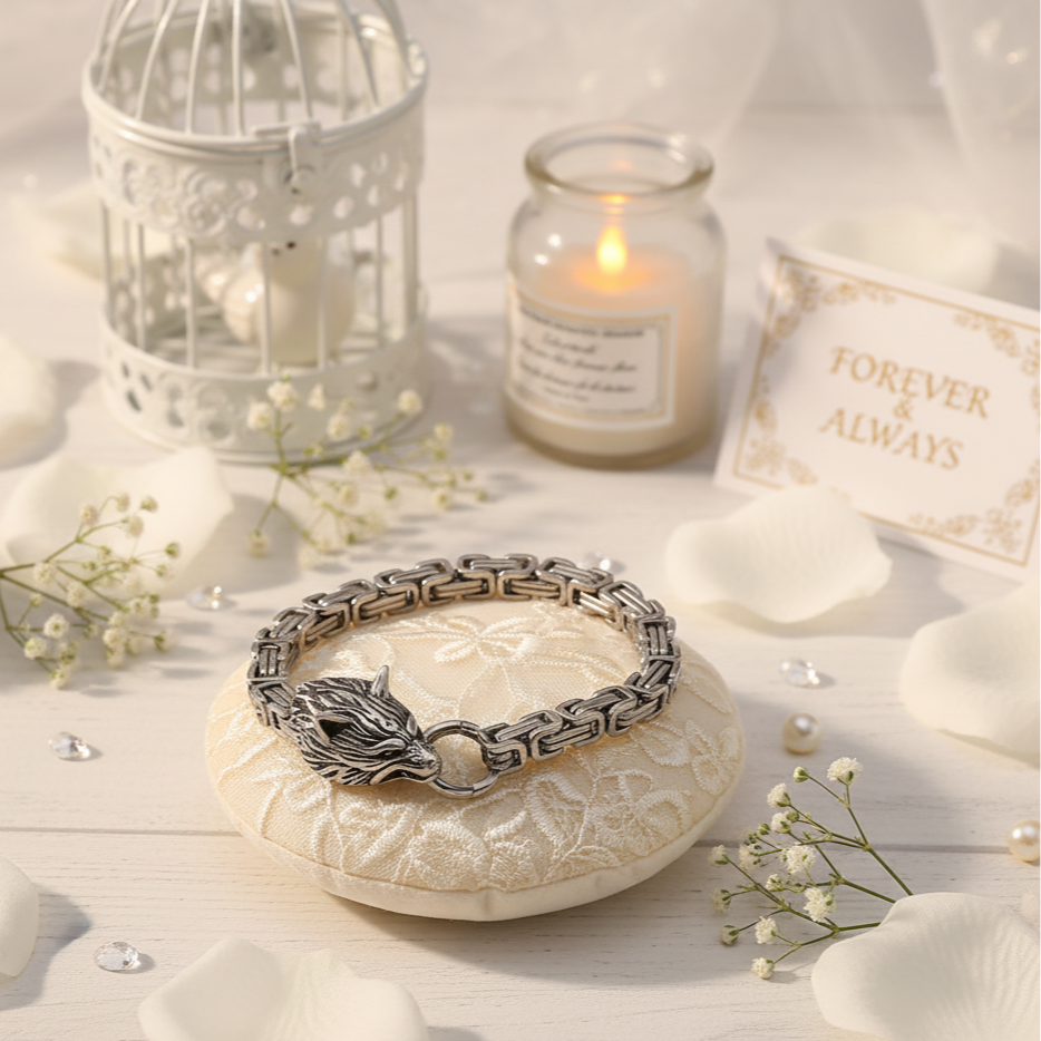 Stainless Steel Viking Wolf Head Men's Bracelet-Black Diamonds New York