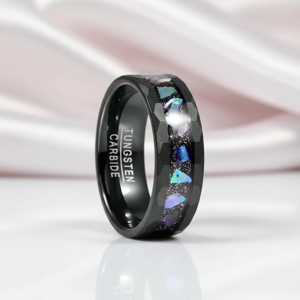 Starry Sky Abalone Shell Edge Hammered Black Tungsten Wedding Band-Black Diamonds New York