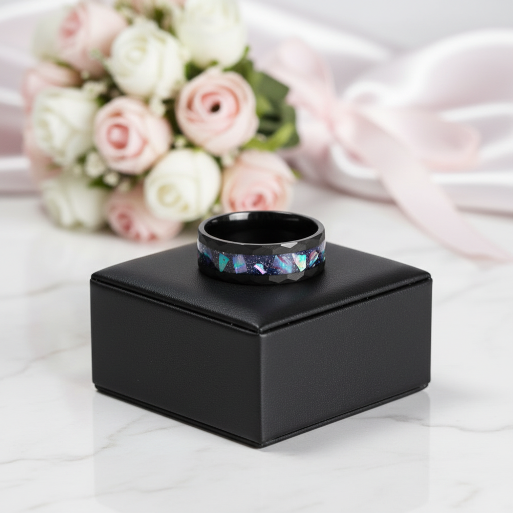 Starry Sky Abalone Shell Edge Hammered Black Tungsten Wedding Band-Black Diamonds New York
