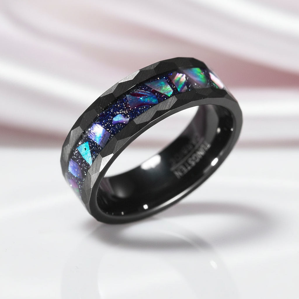 Starry Sky Abalone Shell Edge Hammered Black Tungsten Wedding Band-Black Diamonds New York