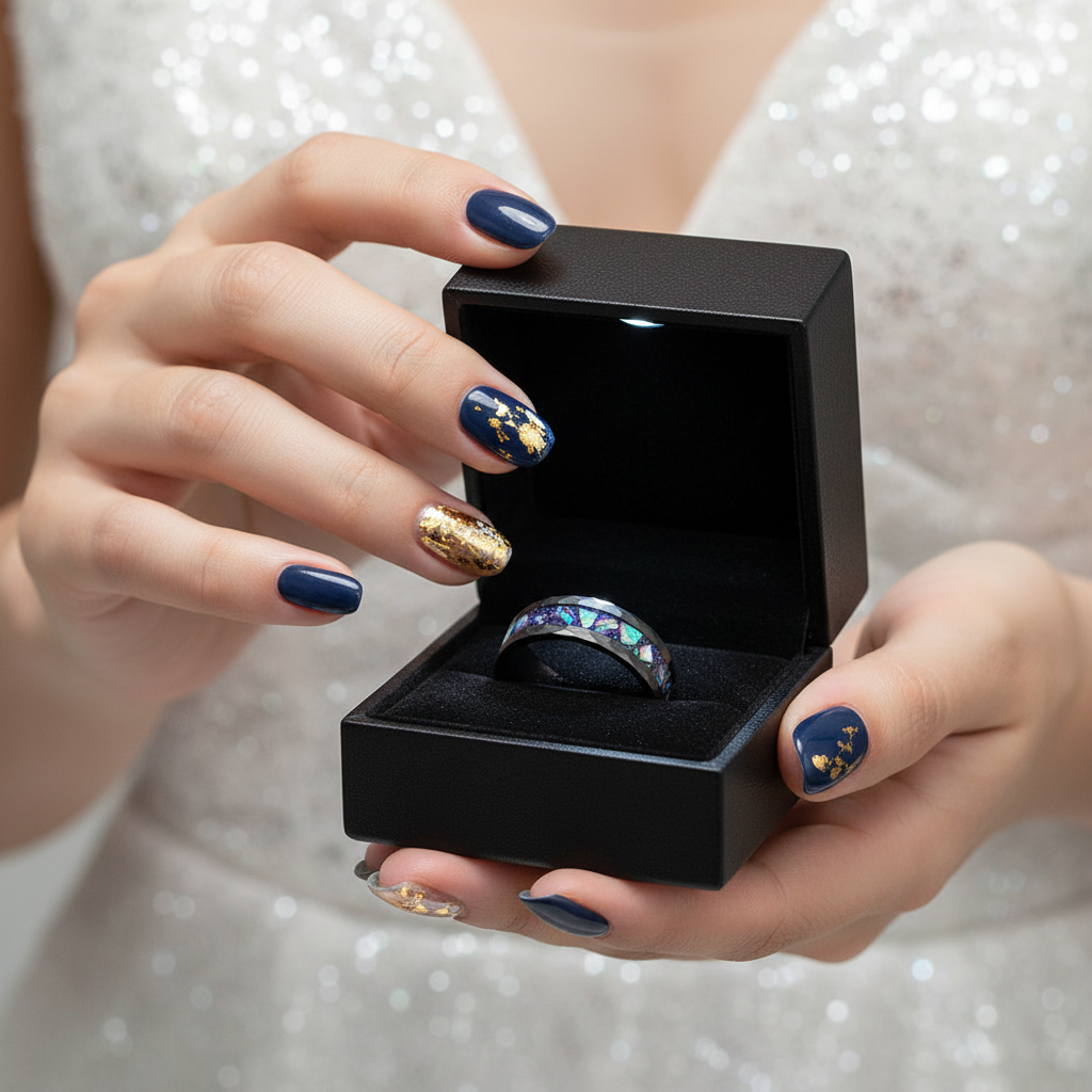 Starry Sky Abalone Shell Edge Hammered Black Tungsten Wedding Band-Black Diamonds New York