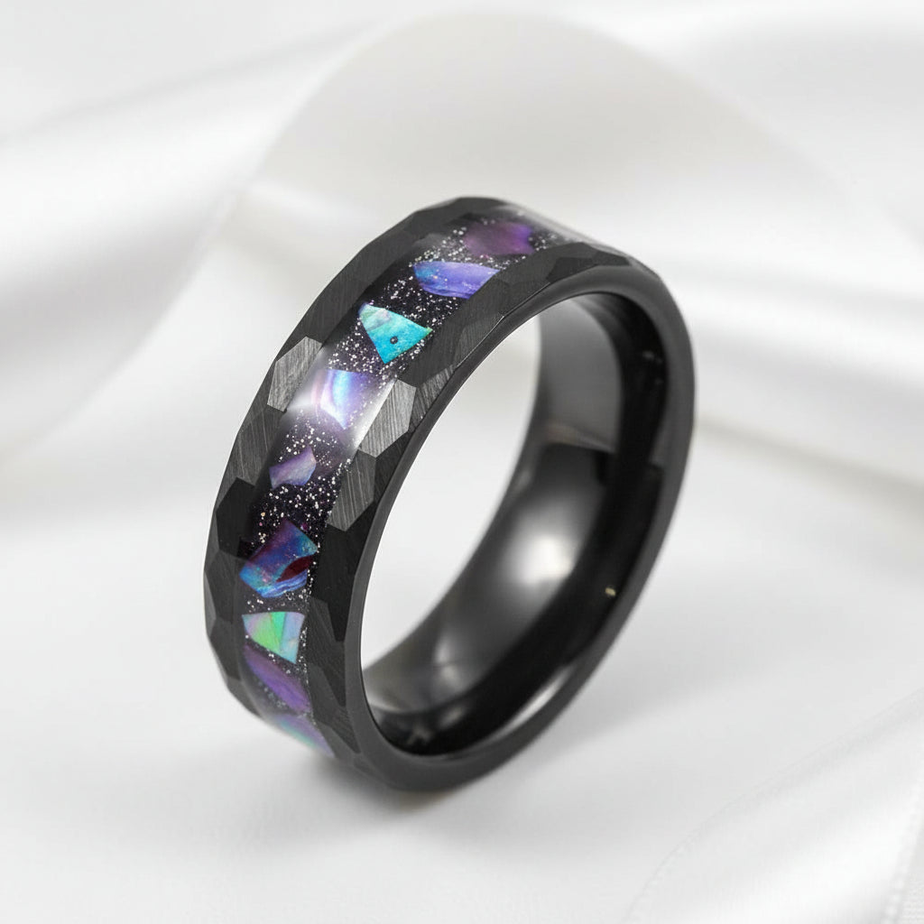 Starry Sky Abalone Shell Edge Hammered Black Tungsten Wedding Band-Black Diamonds New York