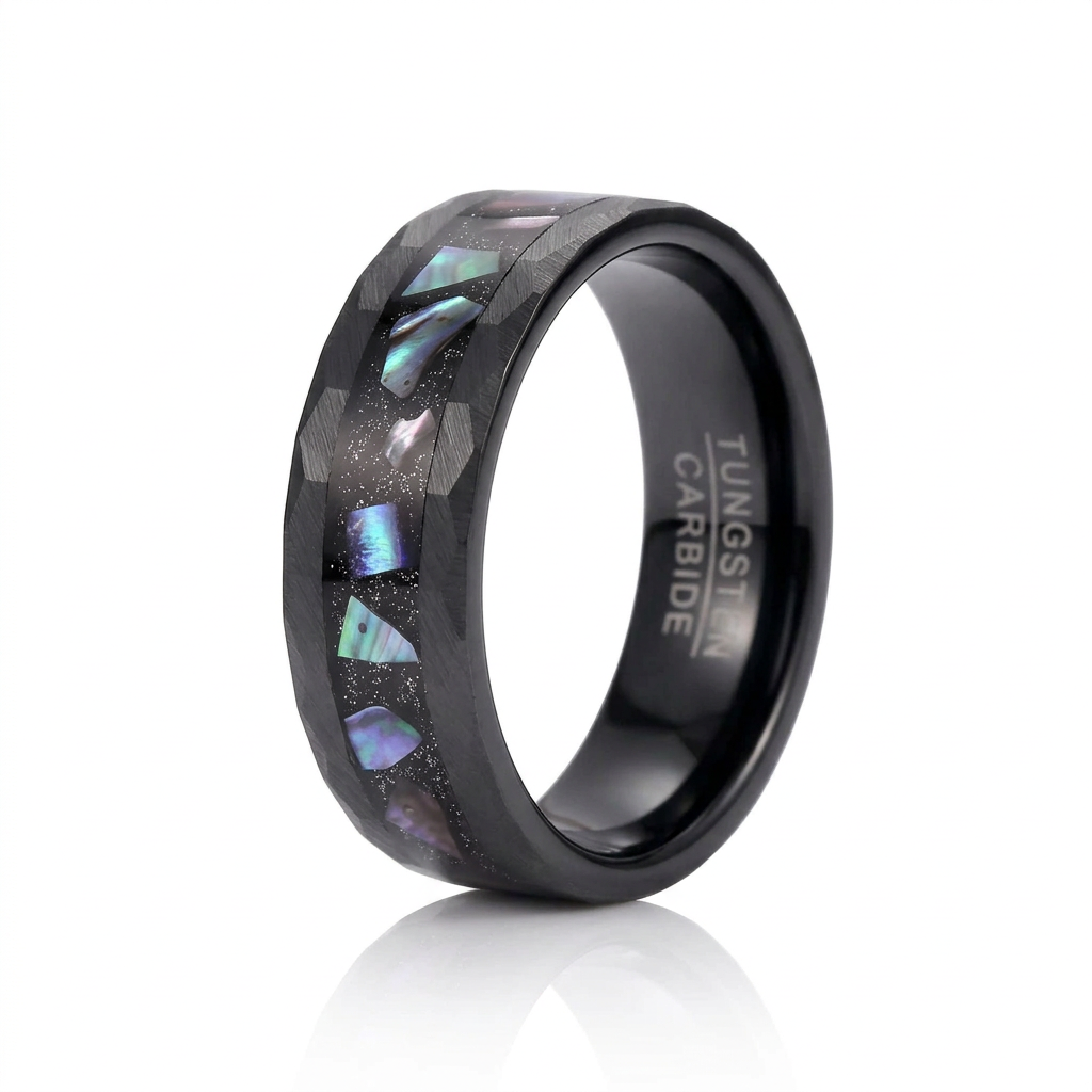 Starry Sky Abalone Shell Edge Hammered Black Tungsten Wedding Band-Black Diamonds New York