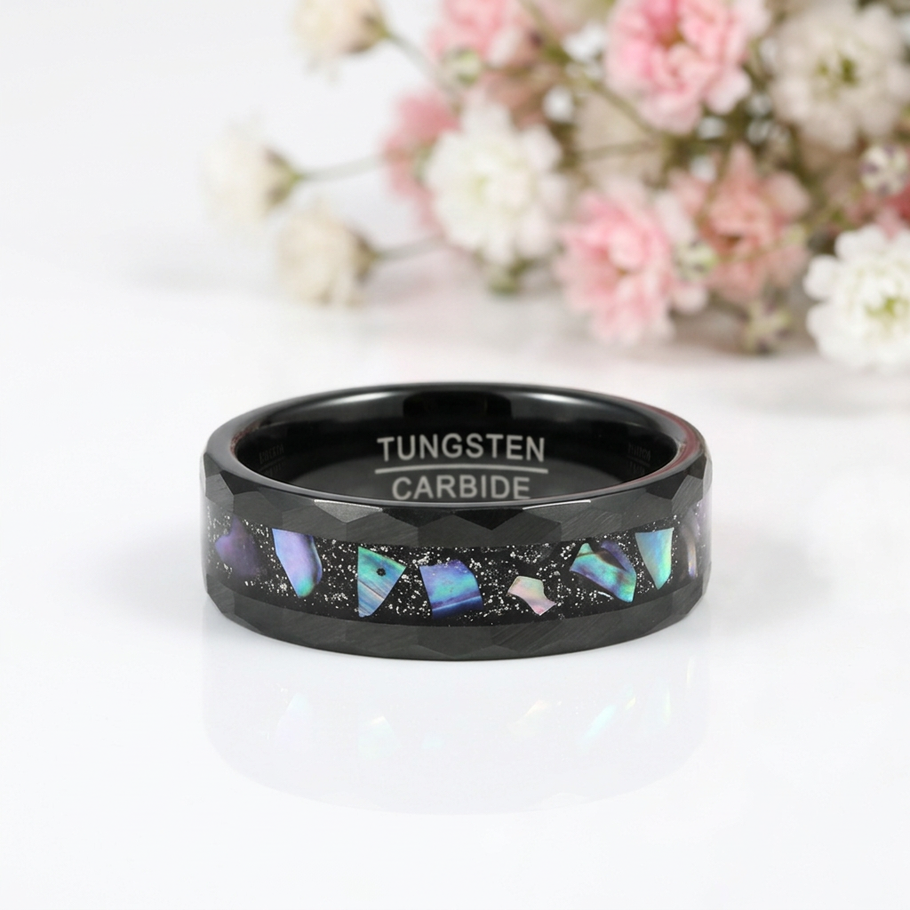 Starry Sky Abalone Shell Edge Hammered Black Tungsten Wedding Band-Black Diamonds New York