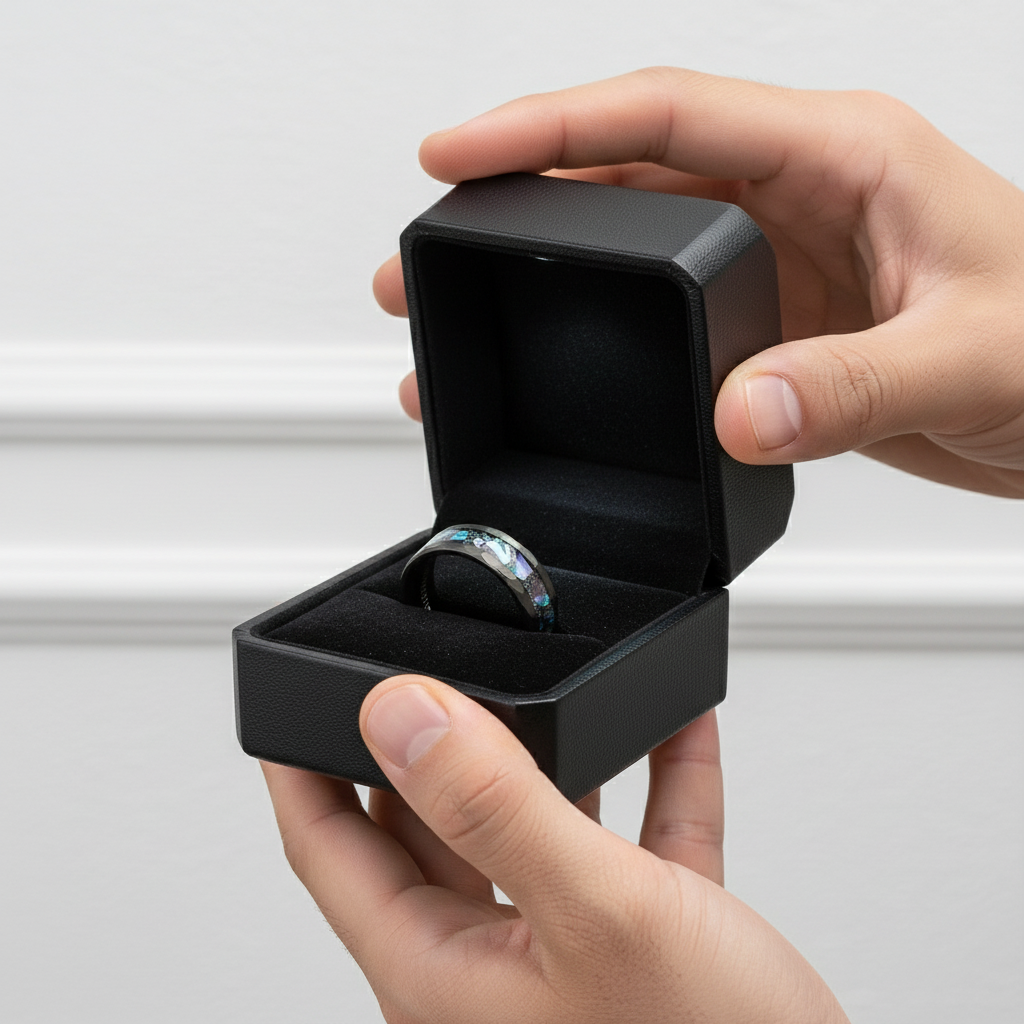 Starry Sky Abalone Shell Edge Hammered Black Tungsten Wedding Band-Black Diamonds New York