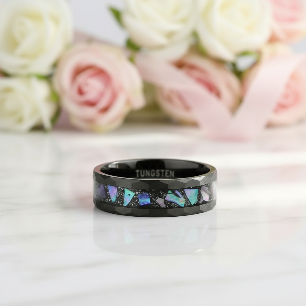 Starry Sky Abalone Shell Edge Hammered Black Tungsten Wedding Band-Black Diamonds New York