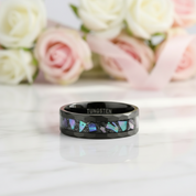 Starry Sky Abalone Shell Edge Hammered Black Tungsten Wedding Band-Black Diamonds New York