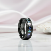 Starry Sky Abalone Shell Edge Hammered Black Tungsten Wedding Band-Black Diamonds New York