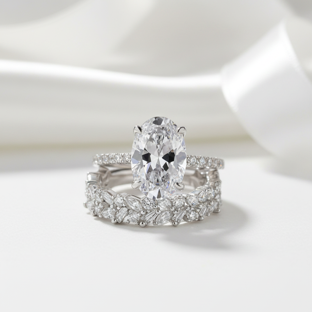 An oval-cut diamond engagement ring with a silver-toned band, shown with a matching diamond-studded wedding band on a clean white background.