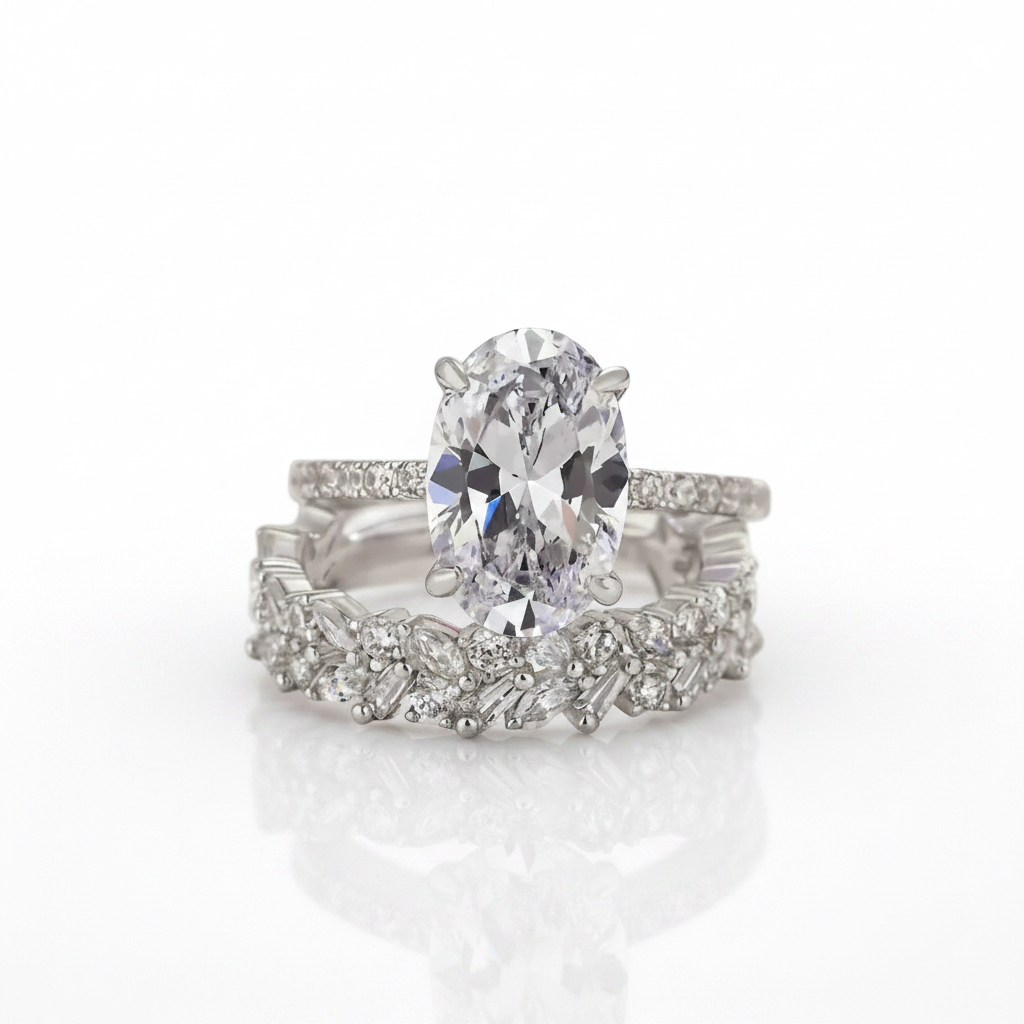 A white gold or platinum engagement ring set with a large oval center stone and matching diamond-accented bands, photographed on a clean white background with a soft reflection below.