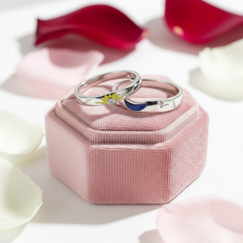 Sun, Moon and Stars Couple Ring Set-Black Diamonds New York