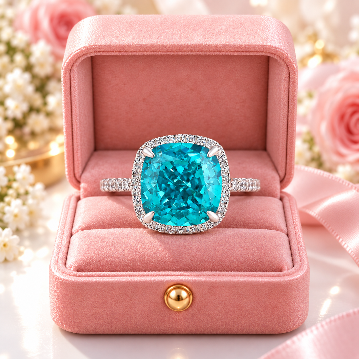 A cushion-cut turquoise-blue gemstone ring with a diamond halo and diamond-set band, displayed in an open pink velvet ring box with a pink ribbon, set against a soft-focus floral background.