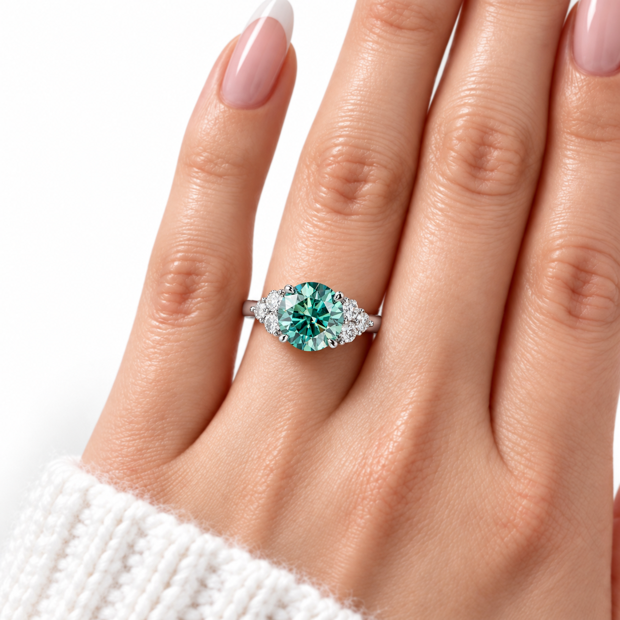 3 Carat Teal Round Moissanite Engagement Ring with Cluster Side Stones