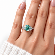 3 Carat Teal Round Moissanite Engagement Ring with Cluster Side Stones
