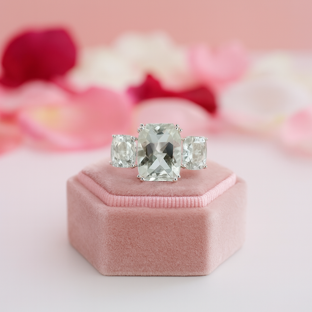 Three-stone Cushion Cut Green Amethyst Engagement Ring-Black Diamonds New York
