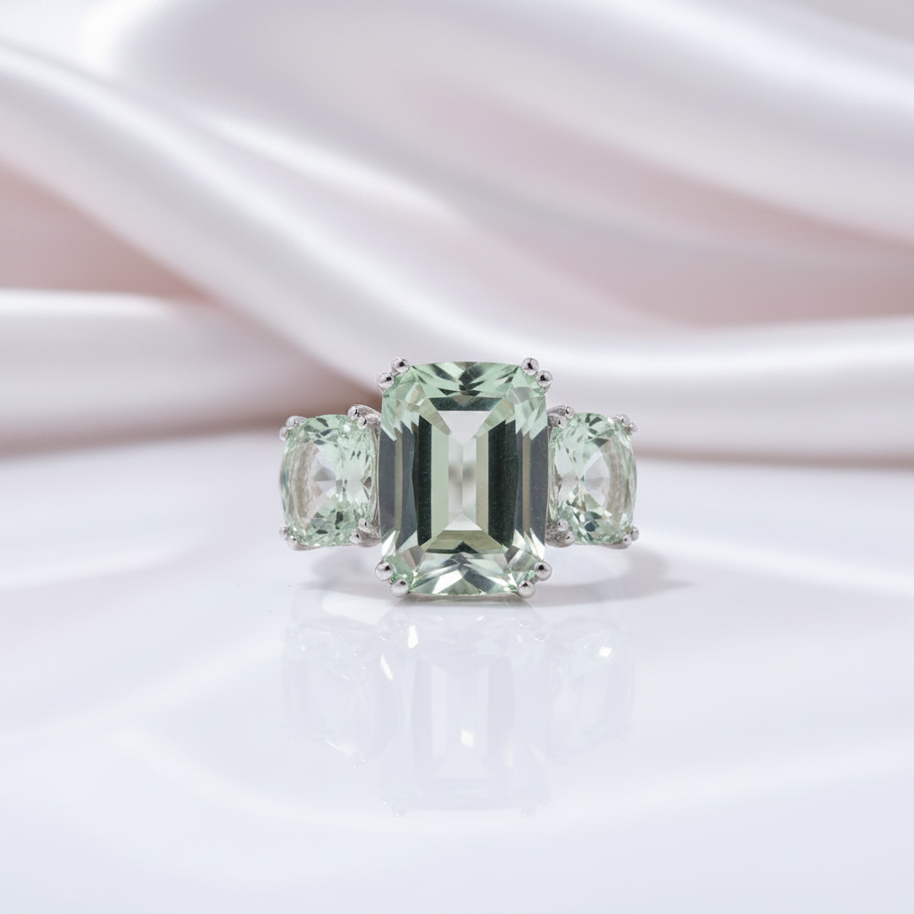 Three-stone Cushion Cut Green Amethyst Engagement Ring-Black Diamonds New York