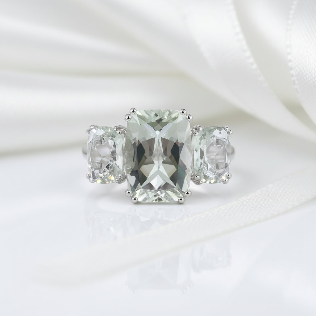 Three-stone Cushion Cut Green Amethyst Engagement Ring-Black Diamonds New York