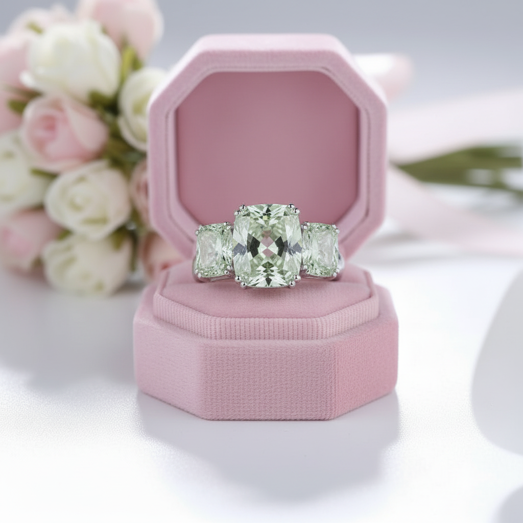 Three-stone Cushion Cut Green Amethyst Engagement Ring-Black Diamonds New York