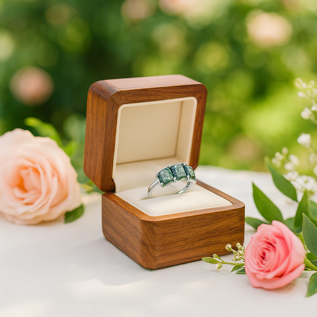 Three Stone Emerald Cut Moss Agate Ring-Black Diamonds New York