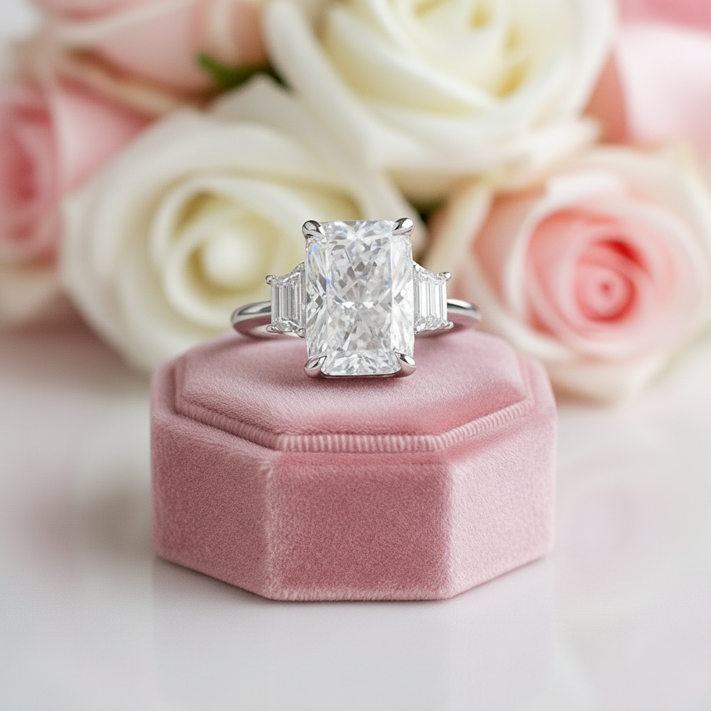 Three Stone Radiant Cut Diamond Engagement Ring-Black Diamonds New York