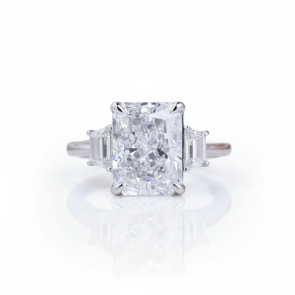 A radiant cut diamond ring with baguette side stones in a silver-toned setting, centered on a reflective white surface.